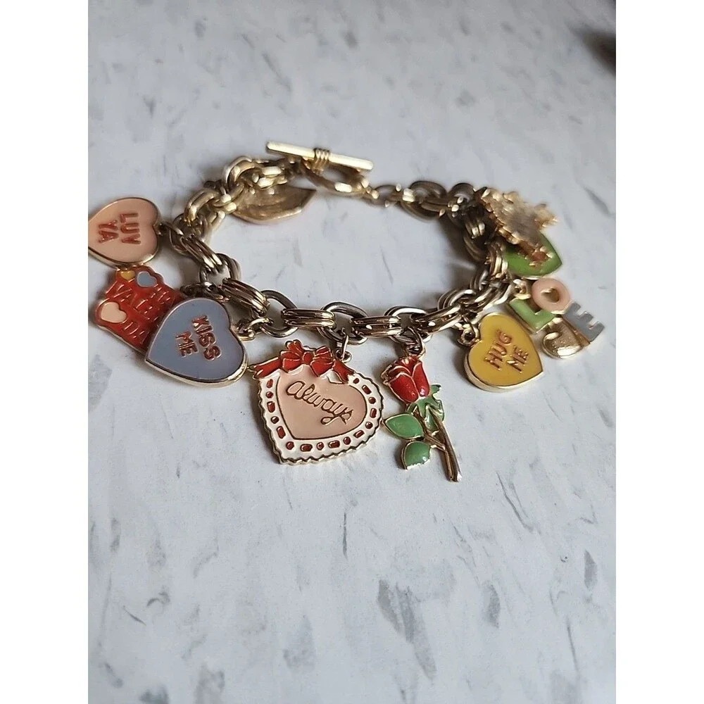 Charm Braclet, Love, Valentine's Day, Hearts, Hugs and Kisses Gold Tone Braclet.